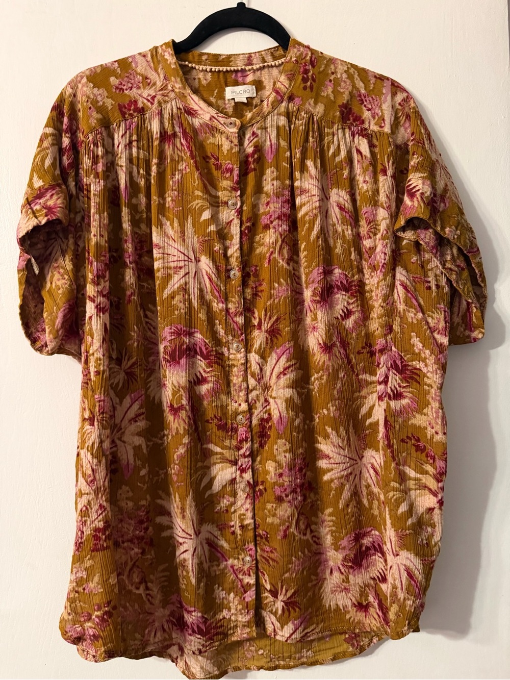 Pilcro Anthropologie Mustard and Pink Floral Button-Up Top L/XL